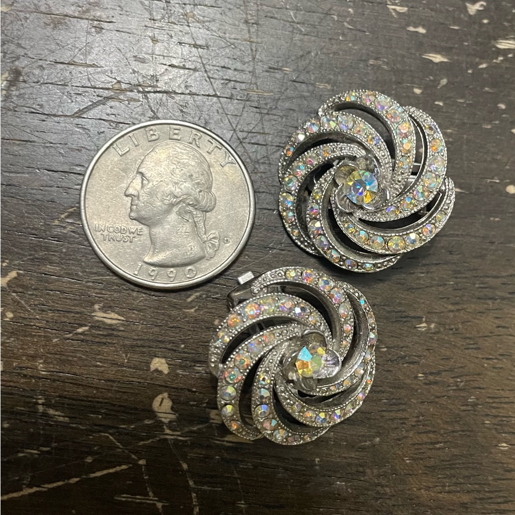 Vintage Silver Aurora Borealis Rhinestone Swirl Ora Clip-On Earrings